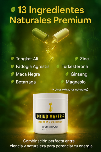 👑 KING MAKER – Potenciador Masculino 13 en 1 ¿Listo para recuperar tu energía y volver a sentirte en control? 👑